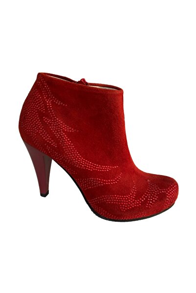 Elegan Küçük  Büyük Numara Kırmızı Süet Taşlı Şık Bot