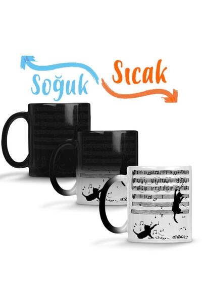Baskı Dükkanı Yaramaz Komik Müzik Notalı Kedi Cat Sihirli Kupa Bardak Porselen