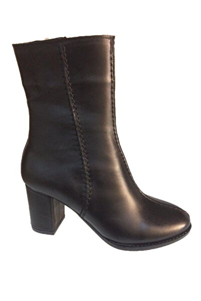 Elegan Küçük & Büyük Numara Siyah Hakiki Deri Alçak Topuk Yarım Bot