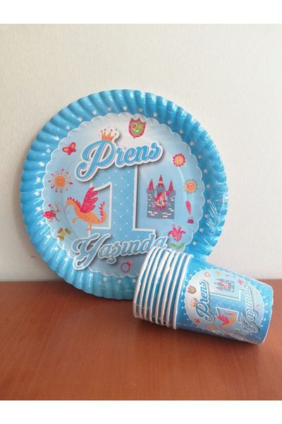 Cadde Süs 1 Year Old Prince 8-Piece Blue Paper Plate Glass Set