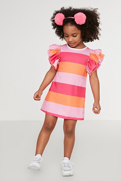 TRENDYOLKIDS Orange Color Blocked Girl's Knitted Dress with Ruffles on the Sleeves
