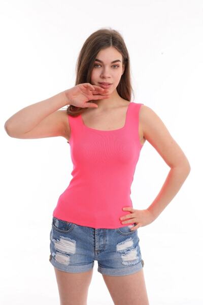 Pinpery Kadın Neon Pembe Rengi Kare Yaka Askılı Triko Bluz Atlet