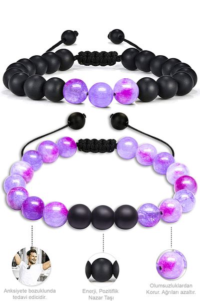 Tesbih Atölyesi Certified Natural Pink Purple Quartz Onyx Stone Natural Stone Bracelet Set