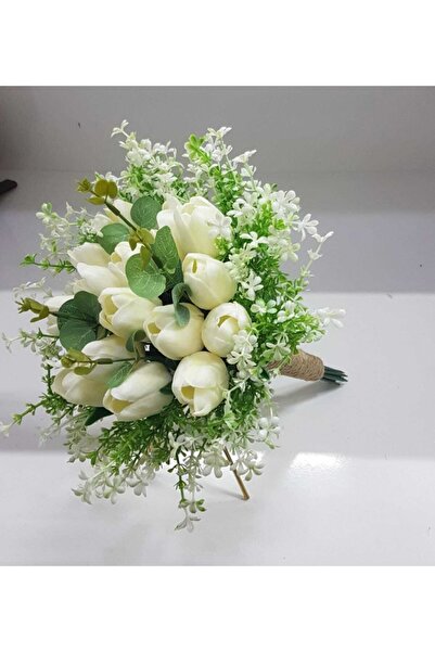 Evsay 16 Laleli Gerçek Görünümlü Yapay Islak Lale Gelin Buketi Gelin Çiçeği S...