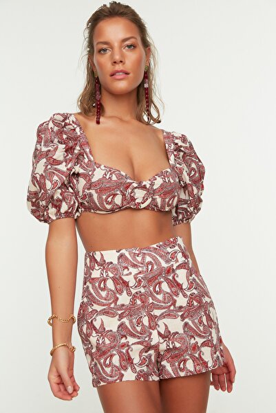 Trendyol Collection Kendő mintás léggömb ujjú csat vászon megjelenésű strandruha TBESS21AU0299