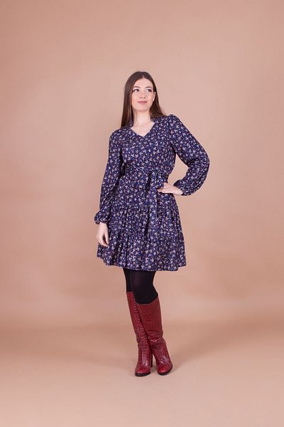 Bidoluelbise Rochie de damă bleumarin din catifea cu modele florale cu detaliu guler