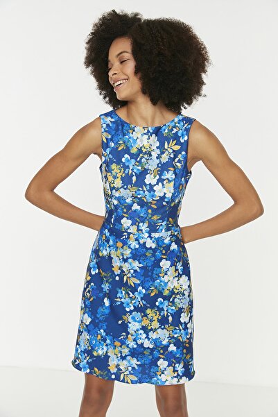 Trendyol Collection Modré tkané šaty s květinovým vzorem TWOSS19WR0042