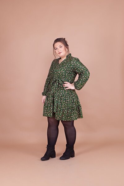 Bidoluelbise Γυναικείο φόρεμα με λαιμόκοψη σε μέγεθος σμαραγδένιο βελούδο με λουλούδια