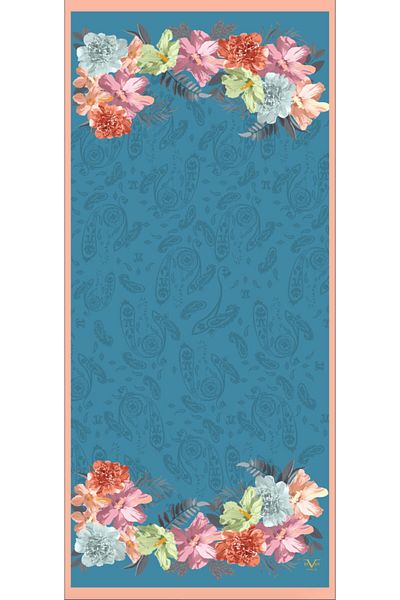 19V69 ITALIA Şal Somon Albastru Motiv Floral Seria Pavia cu Agatator pentru eşarfe şi Set Cadou 90x200 Cm