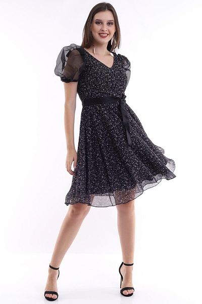 Ottawe V-Neck Chiffon Flared Mini Dress - Balloon Sleeves and Organza