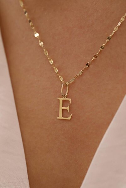 MİLET KUYUMCULUK 14 Ayar Altn E Harfli Kalın Aynalı Zincir Kolye