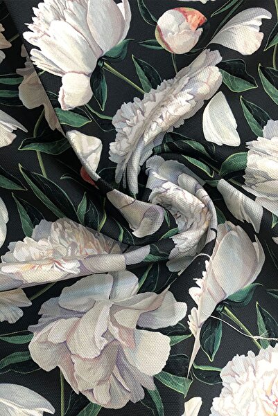 SUZANİ Füme Zemin Beyaz Şakayık Desenli Dijital Baskılı Kumaş Kms-1028