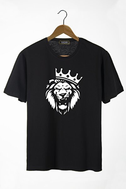 COLLIE Tricou de bază pentru bărbați, negru, cu imprimeu cu leu, cu gât turna...