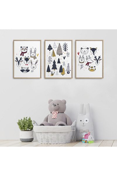 HOMEPACK Set de pictură din 3 piese pentru camera copiilor cu cadru din lemn natural Kids-a09