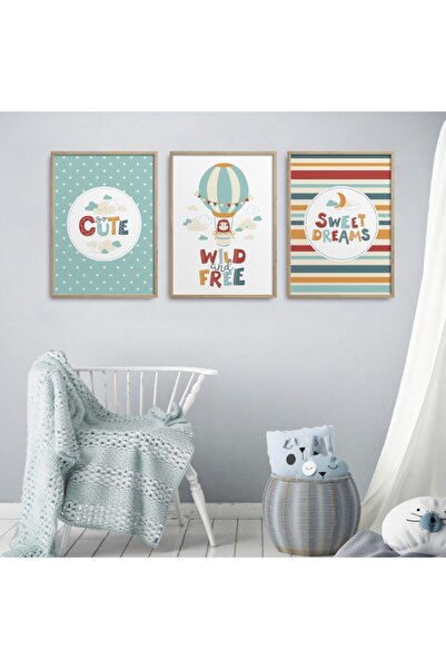 HOMEPACK Doğal Ahşap Çerçeveli Çocuk Odası 3'lü Tablo Seti Kıds-a12