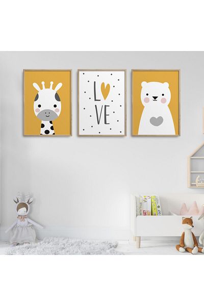 HOMEPACK Set de pictură din 3 piese pentru camera copiilor cu cadru din lemn natural Kids-a15