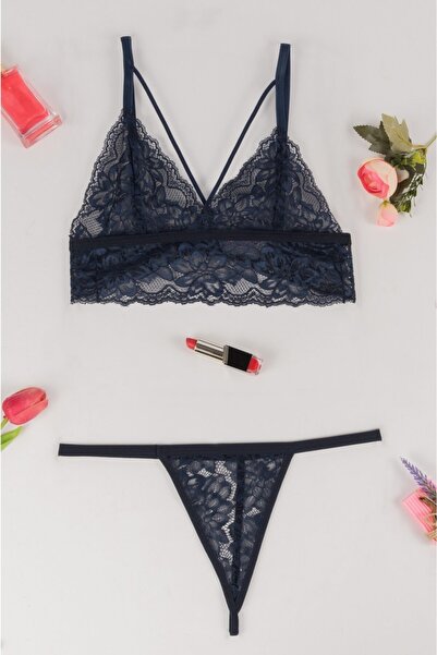 Yapıcı Underwear 1110 Lacivert Kapsız Balensiz Çapraz Ipli Dantelli Bralet Ta...