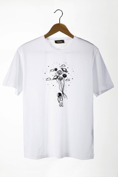 COLLIE Tricou de bază pentru bărbați, alb, cu imprimeu cu baloane, cu decolte...