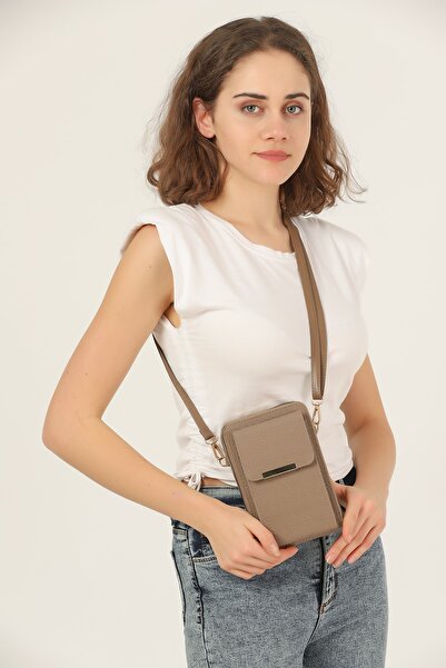 Universal Eşsiz Çanta Vizon Kadın Çapraz Askılı Telefon 3 Bölmeli Cüzdan Çanta