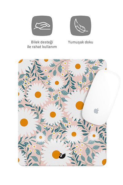 Özer Store Pink Flower Drawing Rectangular Mouse Pad with Wrist Support