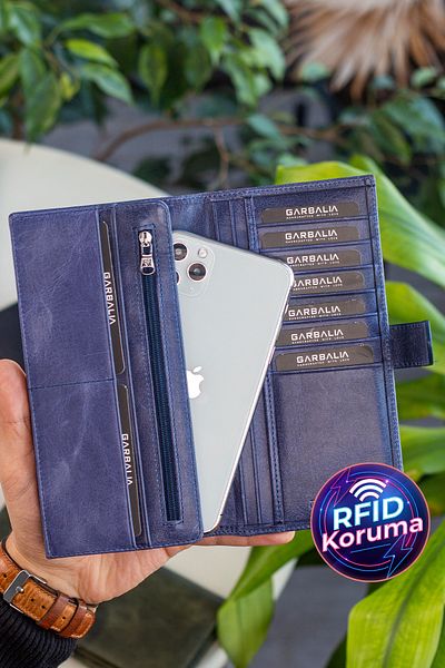 Garbalia Crazy Navy Blue Unisex Wallet with Genuine Leather RFID Blocking Phone Compartment