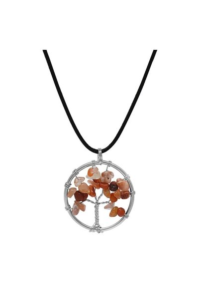Tesbihane Elegant Designed Tree of Life Patterned Rope Chain Agate Natural Stone Women's Necklace