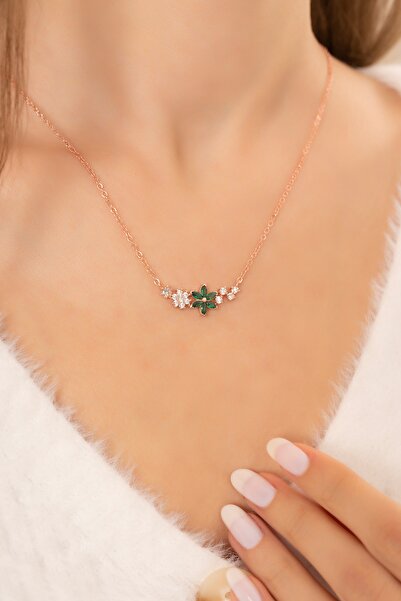Eva Jewelry Unutma Beni Çiçeği Yeşil Taşlı 14 K Rose Gold Kaplama Kadın Kolye