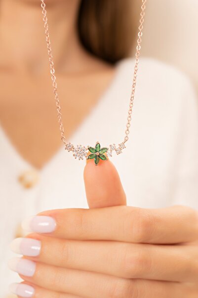Eva Jewelry Unutma Beni Çiçeği Yeşil Taşlı 14 K Rose Gold Kaplama Kadın Kolye
