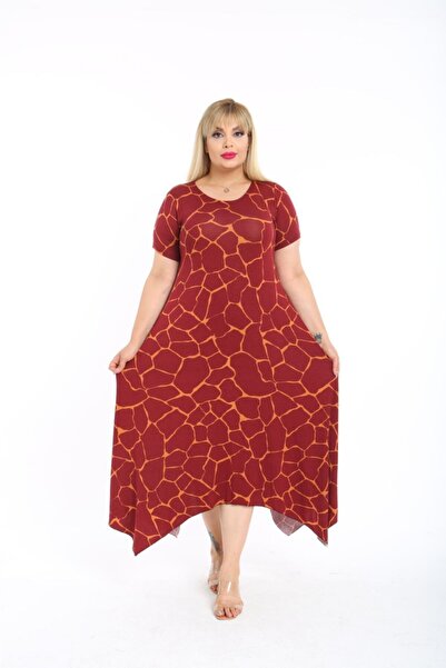 Mezura Plus Size Women's Relaxed Cut Patterned Short Sleeve Asymmetrical Viscose Combed Cotton Dress