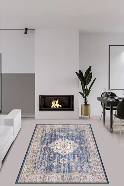Arrosa Home Dijital Baskı Yıkanabilir Kaymaz Taban Mavimsi Eskitme Model Halı