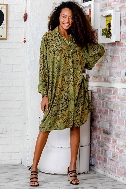 Chiccy Γυναικείο Χακί Ιταλικό Λεοπάρ μοτίβο πουκάμισο oversize φόρεμα τσέπης M10160000EL93914