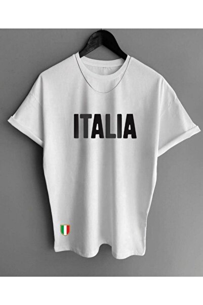 MODAGEN Erkek Italia Logo Baskılı Oversize Beyaz Tshirt