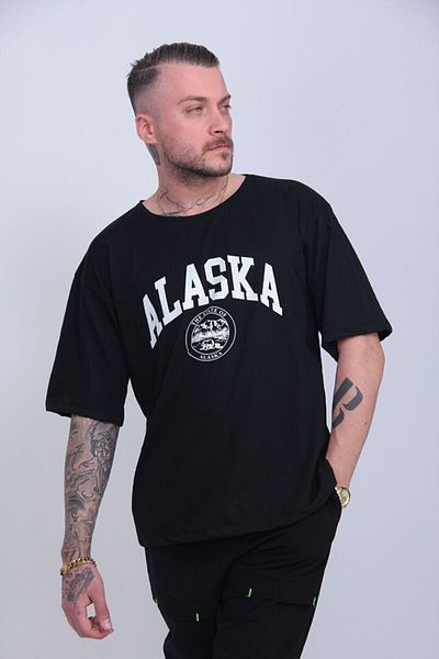 MODAGEN Ανδρικό μπλουζάκι με λογότυπο Alaska με στάμπα μαύρου μεγέθους