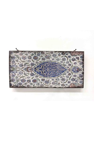 CajuArt Blue Patterned Decorative Wooden Keychain Tile