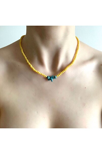 LeylanTakı Yellow Bead Necklace with Blue Star Motif