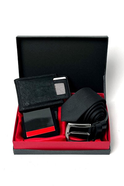 High Class Deri Erkek Kapaklı Model Vegan Deri Cüzdan & Deri Kemer & Kravat & Çorap Seti