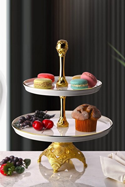 WuuQ Porselen Iki Katlı Sunumluk Kurabiyelik Sunumluk - Gold Renk