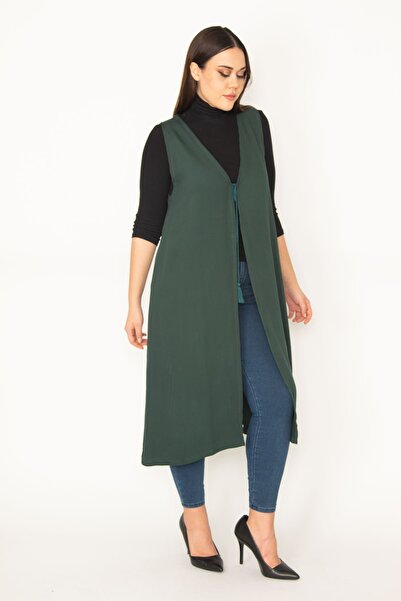 Şans Women's Large Size Green Front Lace Detailed Unlined Long Vest 65n19823