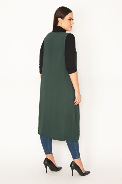 Şans Women's Large Size Green Front Lace Detailed Unlined Long Vest 65n19823