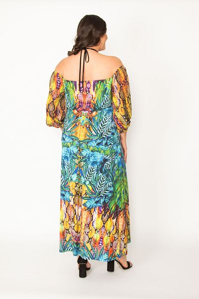 Şans Rochie colorată de mărime mare, cu mâneci, cu decolteu, detaliată, colorată 65n22247
