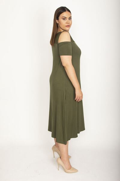 Şans Women's Large Size Khaki Roba Mesh Detailed Viscose Dress 65n24231