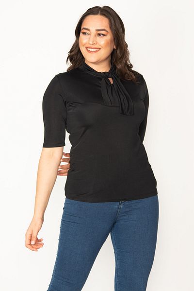 Şans Women's Plus Size Black Collar Scarf Tie Blouse 65n31511