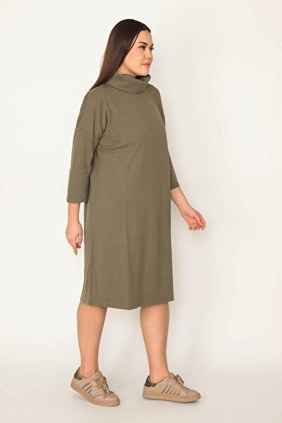 Şans Women's Large Size Khaki Stand Collar Capri Sleeve Dress 65n31484
