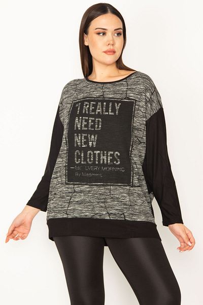 Şans Women's Large Size Black Print Detailed Two Color Tunic 65n31415