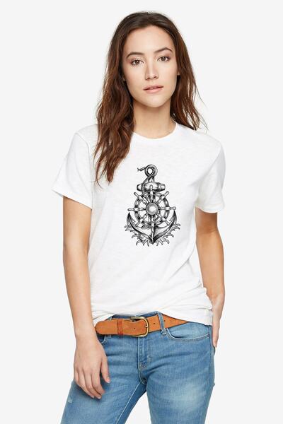 QIVI Ilustracija sidra i kormila Brodsko sidro Štampano Bela ženska majica