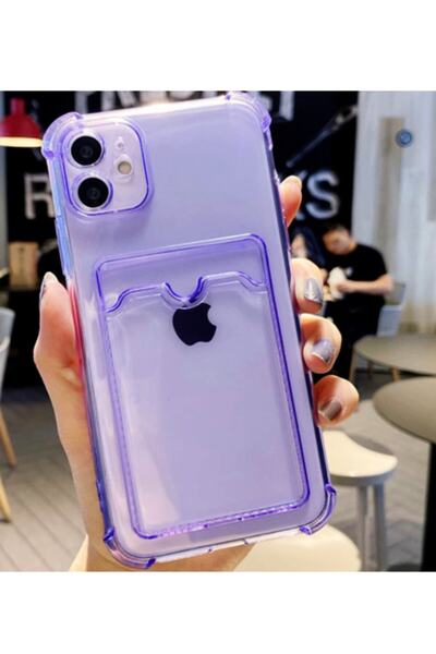 Molly Iphone 11 Uyumlu Kart Cepli Köşeli Lila Şeffaf Silikon Kılıf
