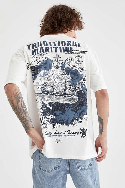 DeFacto Μπλουζάκι με στάμπα πλάτης Oversize Fit Crew Neck Marine