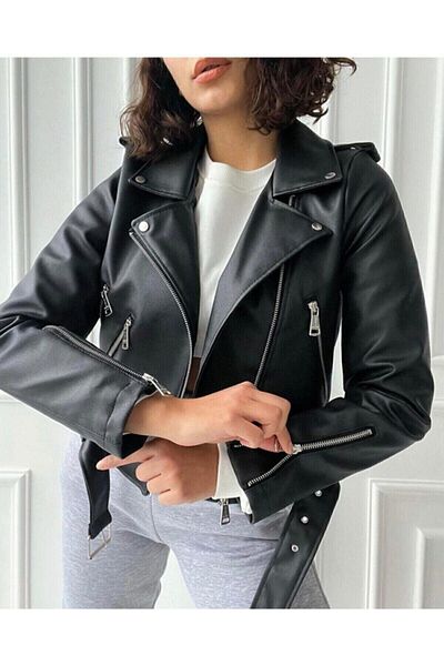 MEECY Damenjacke aus schwarzem Leder