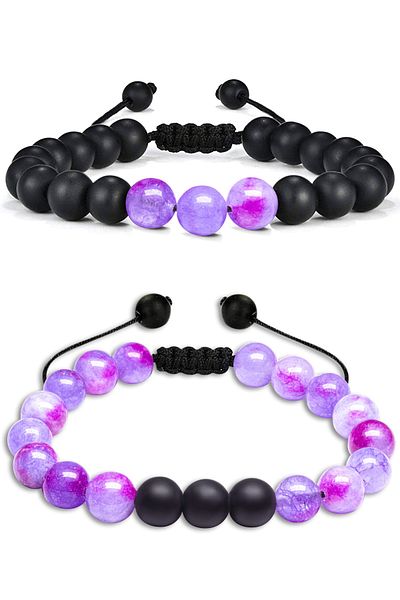 Tesbih Atölyesi Certified Natural Pink Purple Quartz Onyx Stone Natural Stone Bracelet Set