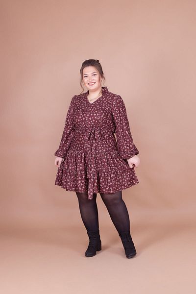 Bidoluelbise Rochie de damă, mărime mare, din catifea burgundă, cu imprimeu floral, cu detaliu de guler